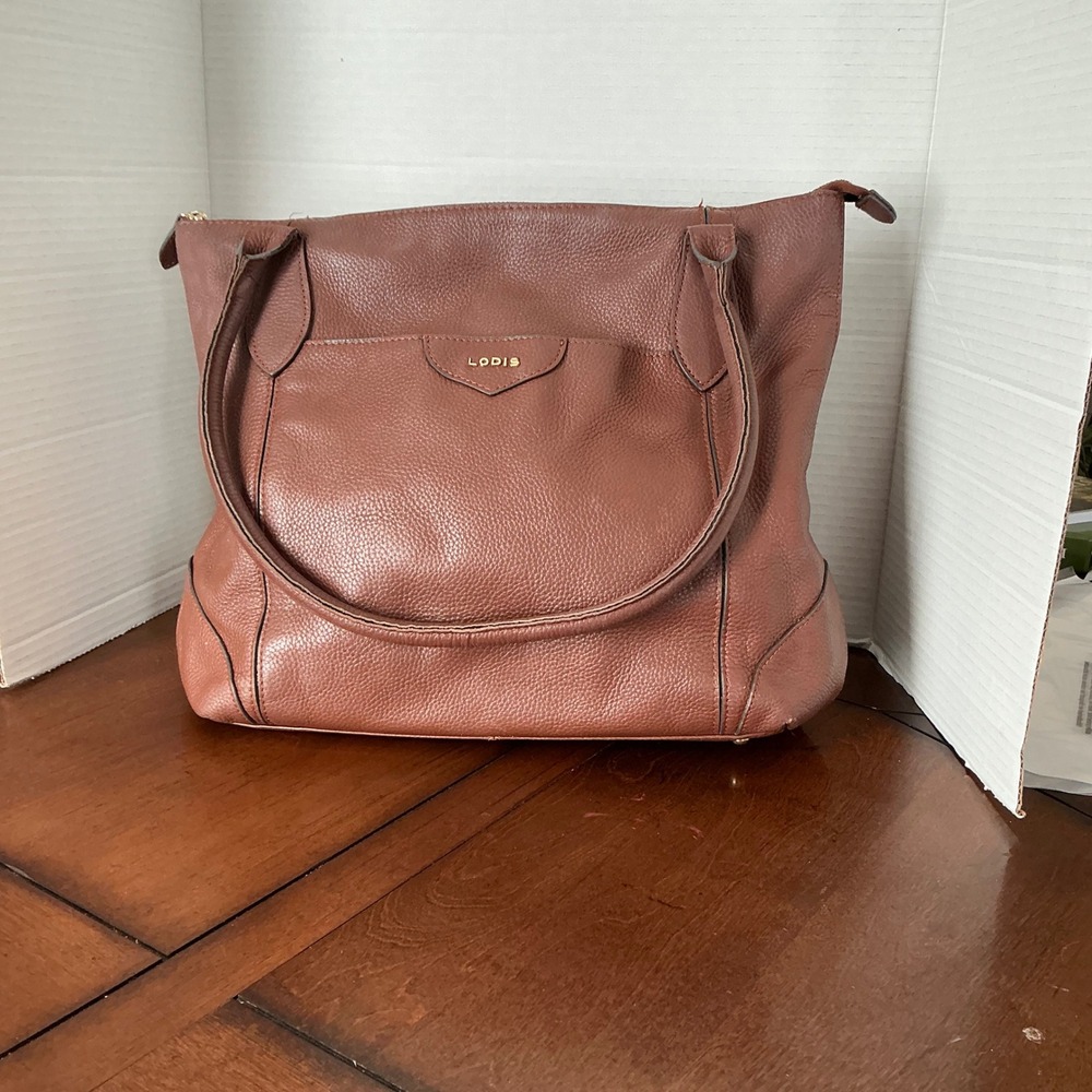 Lodis Brown Pebbled Leather Tote Bag Floral Lining Gold Hardware Large Shoulder